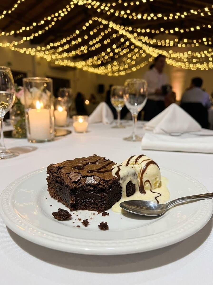Brownie tibio con una bocha de helado de crema derritiéndose y salsa de chocolate