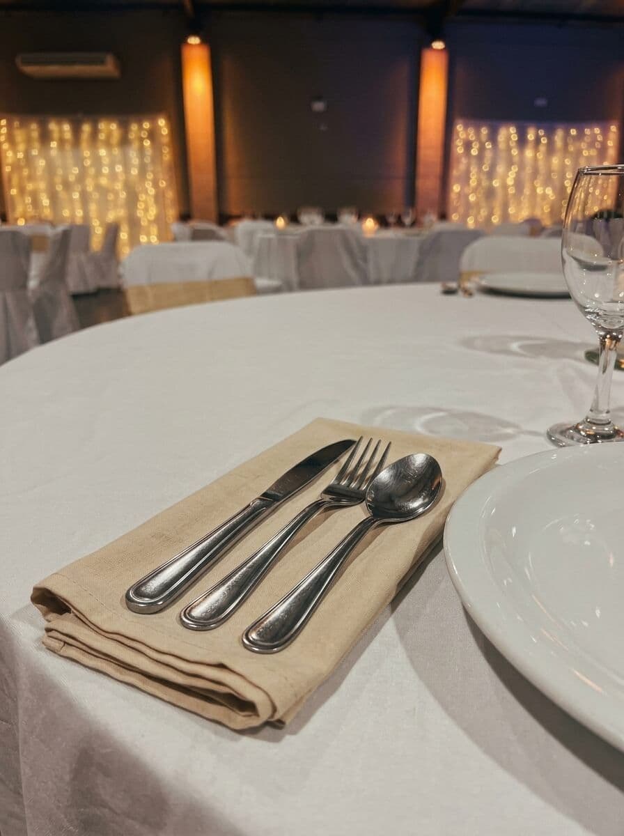Cuchillo, tenedor y cuchara de acero sobre una servilleta beige, junto a un plato y una copa