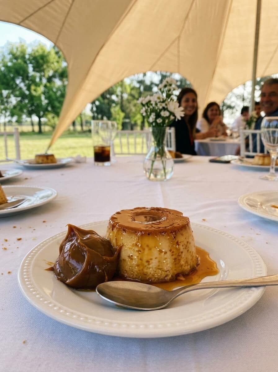 Flan casero con caramelo y una cucharada de dulce de leche en un plato blanco, bajo un gazebo