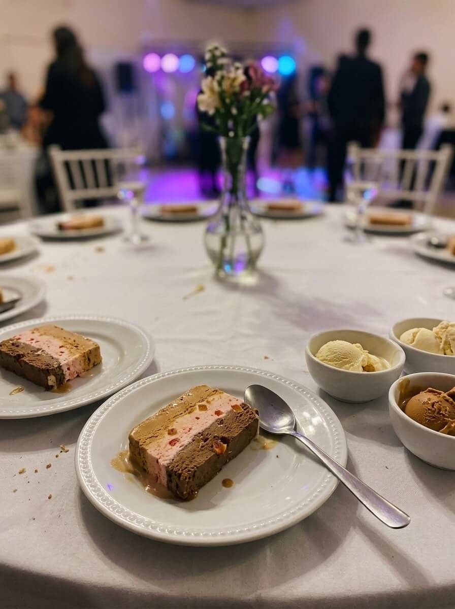 Porción de casata de tres gustos con frutas abrillantadas y cuencos con bochas de helado en una mesa de fiesta