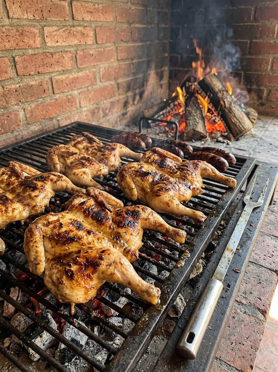 Medios pollos dorados y chorizos en la parrilla de un quincho de ladrillo, con fuego de leña